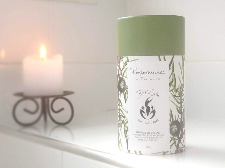 The BathCalm Performance Meditation Soak feaetures a refreshing and motivating blend of Epsom salts, Buddha Wood, Juniper Berry and Ravensara pure essential oils.