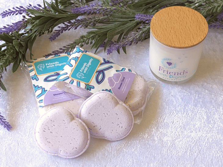 A BathCalm Friends With Dignity Shower Friends With Dignity Shower Clouds feature Lavender, Clary Sage and European Honey Suckle pure essential oils. These Shower Clouds are a fabulous aromatherapy experience! If you don’t have a bath or have mobility issues, BathCalm’s hand-crafted Shower Clouds are a wonderful alternative. All Shower Clouds include ethically sourced, natural ingredients and pure essential oils. They won’t stain your tiles or grout either. The Friends with Dignity mauve Shower Clouds comes in a two-pack and are packaged in compostable Biolefin Shrink Wrap and NatureFlex bags.