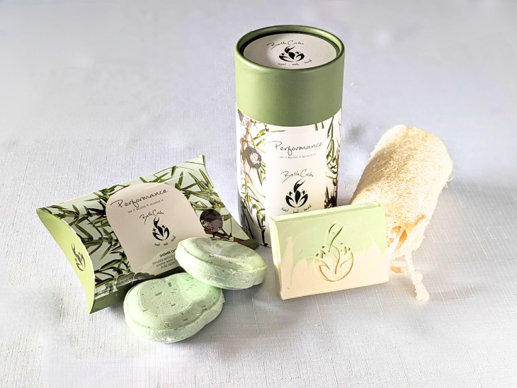 The BathCalm Performance Experience, featuring a refreshing blend of Buddha Wood, Juniper Berry and Ravensara pure essential oils, is a wonderfully unique bath and shower experience. Each BathCalm Performance Experience pack includes a Bath Meditation Soak, full sized soap, a two-pack of shower clouds and natural loofah.