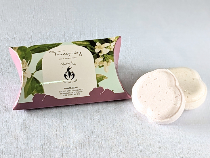 BathCalm Shower Clouds…they’re a bath bomb for your shower – and make great little gifts too! Tranquility Shower Clouds feature Australian Sandalwood, European Honey Suckle and Petitgrain pure essential oils and come in a pack of two, packaged in a pretty pillow box featuring honeysuckle flowers.