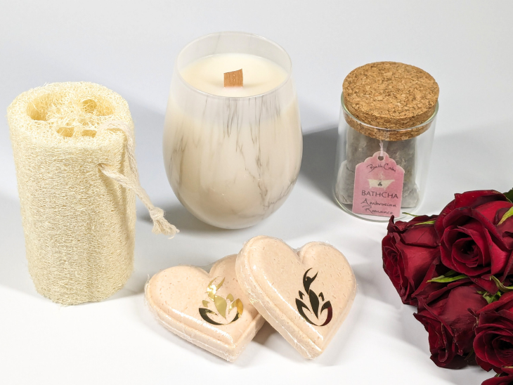 Included in your BathCalm Ambrosian Romance Experience Pack 2 x Ambrosian Romance Bath Love Bombs 1 x BathCha bag filled with Epsom salts, Ambrosian Romance pure essential oils and crushed rose petals 1 x glass jar with cork lid 1 x 400 g Ambrosian Romance Candle 1 x 5″ Natural Loofah The Ambrosian Romance Experience Pack includes fast and reliable FREE standard shipping Australia-wide.