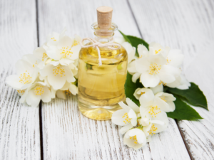 A small bottle of essential oil with jasmine flowers. Jasmine, with its heady and exotic scent, has long been associated with sensuality. Explore the sensual world of essential oils today!