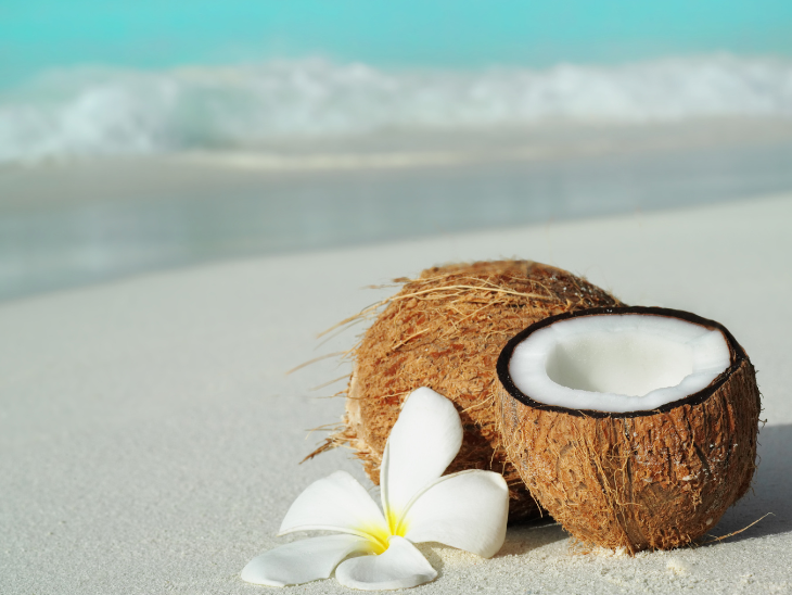 A coconut with another half coconut on the sand by the ocean with yellow and white frangipani.