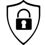 A black and white graphic of a lock on a shield.