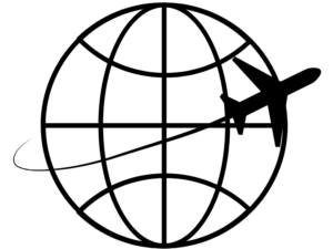 A black and white graphic of a plane flying around a globe.